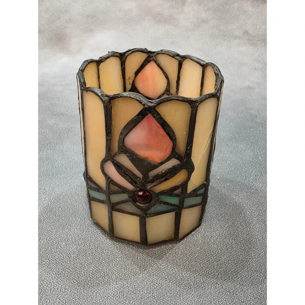 Vintage‎ Stained Glass Votive Candle Holder Slag Glass Mission Style Cream Pink